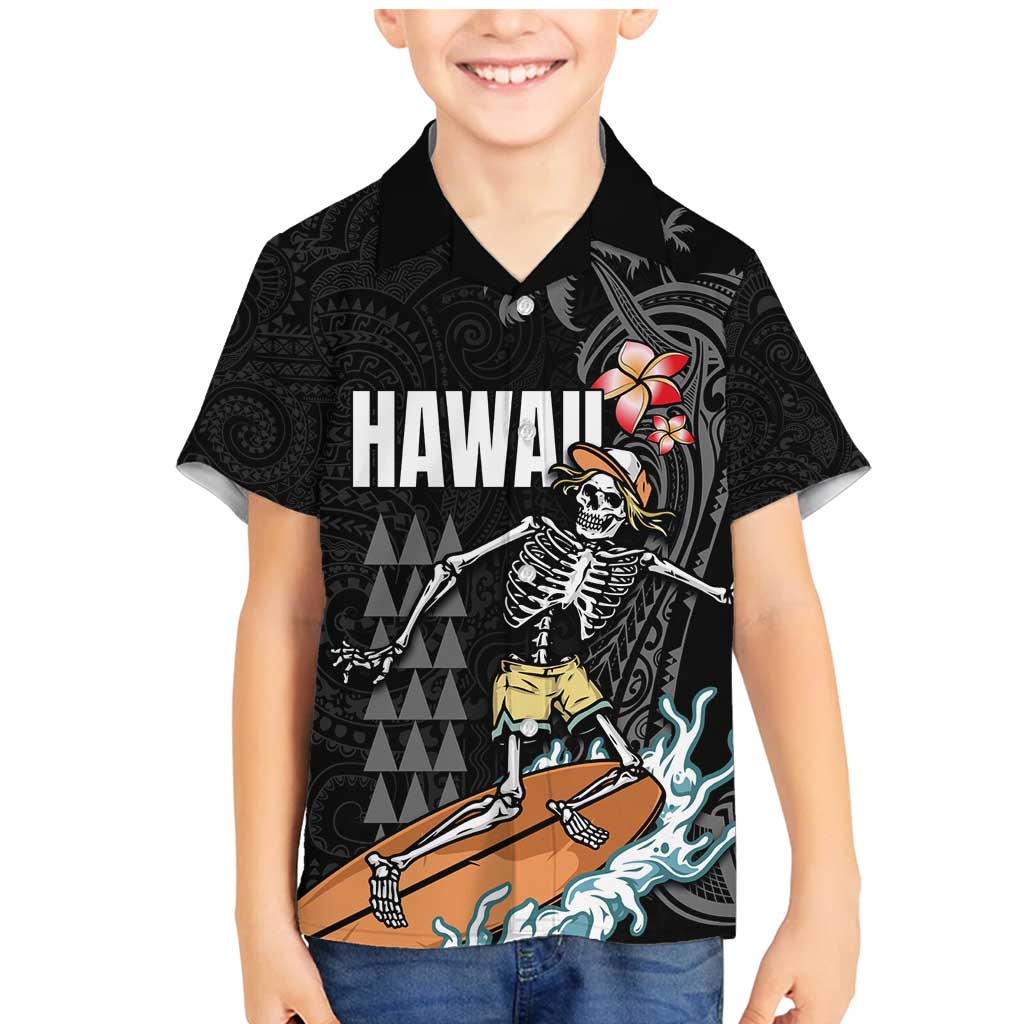 Hawaiian Halloween Skeleton Surfing Family Matching Mermaid Dress and Hawaiian Shirt Polynesian Tribal Tattoo and Hawaiian Pattern LT03 Son's Shirt Black - Polynesian Pride