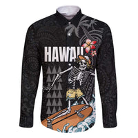 Hawaiian Halloween Skeleton Surfing Family Matching Off The Shoulder Long Sleeve Dress and Hawaiian Shirt Polynesian Tribal Tattoo and Hawaiian Pattern LT03 Dad's Shirt - Long Sleeve Black - Polynesian Pride