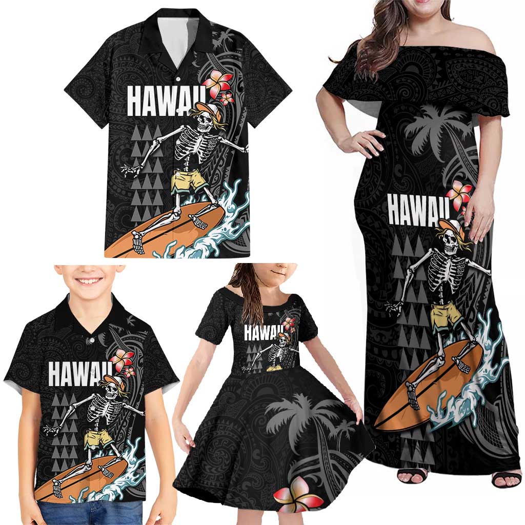 Hawaiian Halloween Skeleton Surfing Family Matching Off Shoulder Maxi Dress and Hawaiian Shirt Polynesian Tribal Tattoo and Hawaiian Pattern LT03 - Polynesian Pride