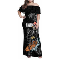 Hawaiian Halloween Skeleton Surfing Family Matching Off Shoulder Maxi Dress and Hawaiian Shirt Polynesian Tribal Tattoo and Hawaiian Pattern LT03 Mom's Dress Black - Polynesian Pride