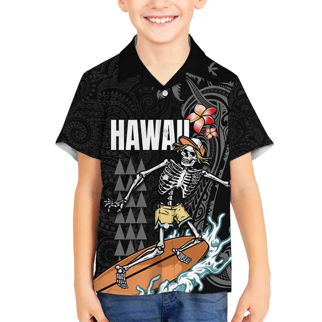 Hawaiian Halloween Skeleton Surfing Family Matching Off Shoulder Maxi Dress and Hawaiian Shirt Polynesian Tribal Tattoo and Hawaiian Pattern LT03 Son's Shirt Black - Polynesian Pride