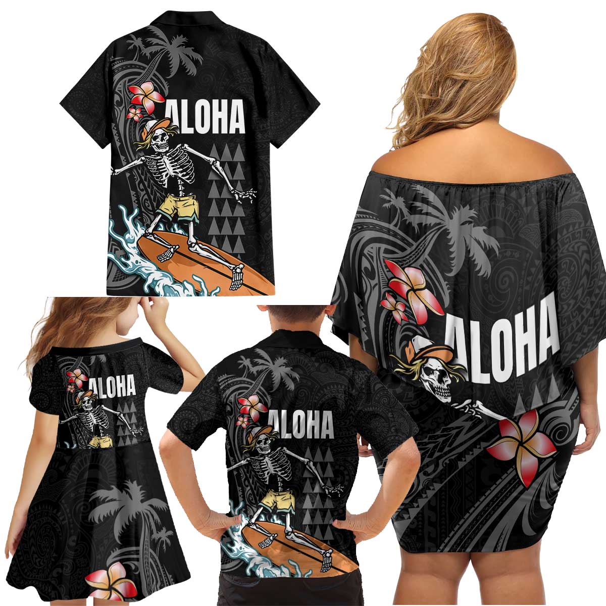 Hawaiian Halloween Skeleton Surfing Family Matching Off Shoulder Short Dress and Hawaiian Shirt Polynesian Tribal Tattoo and Hawaiian Pattern LT03 - Polynesian Pride