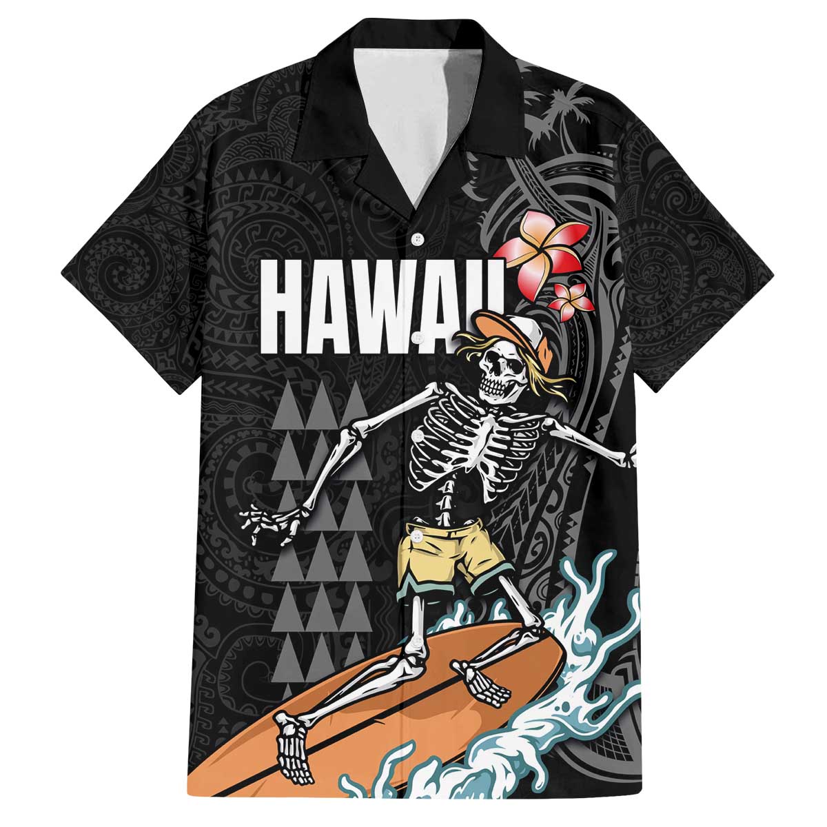 Hawaiian Halloween Skeleton Surfing Family Matching Off Shoulder Short Dress and Hawaiian Shirt Polynesian Tribal Tattoo and Hawaiian Pattern LT03 Dad's Shirt - Short Sleeve Black - Polynesian Pride