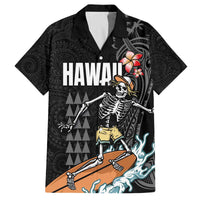 Hawaiian Halloween Skeleton Surfing Family Matching Off Shoulder Short Dress and Hawaiian Shirt Polynesian Tribal Tattoo and Hawaiian Pattern LT03 Dad's Shirt - Short Sleeve Black - Polynesian Pride