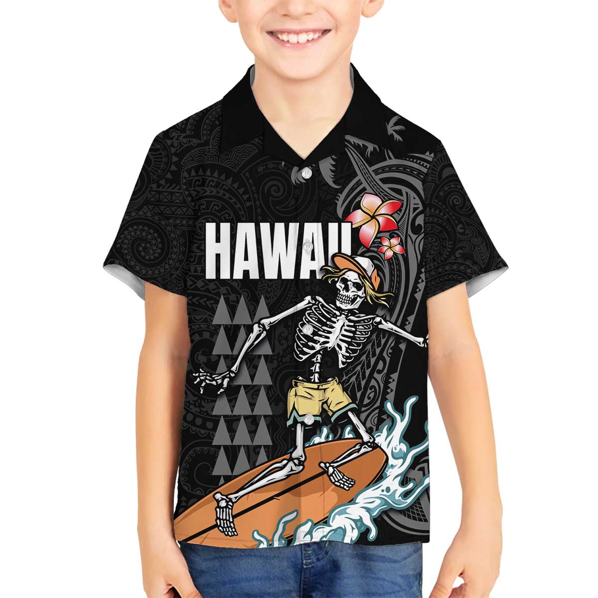 Hawaiian Halloween Skeleton Surfing Family Matching Off Shoulder Short Dress and Hawaiian Shirt Polynesian Tribal Tattoo and Hawaiian Pattern LT03 Son's Shirt Black - Polynesian Pride