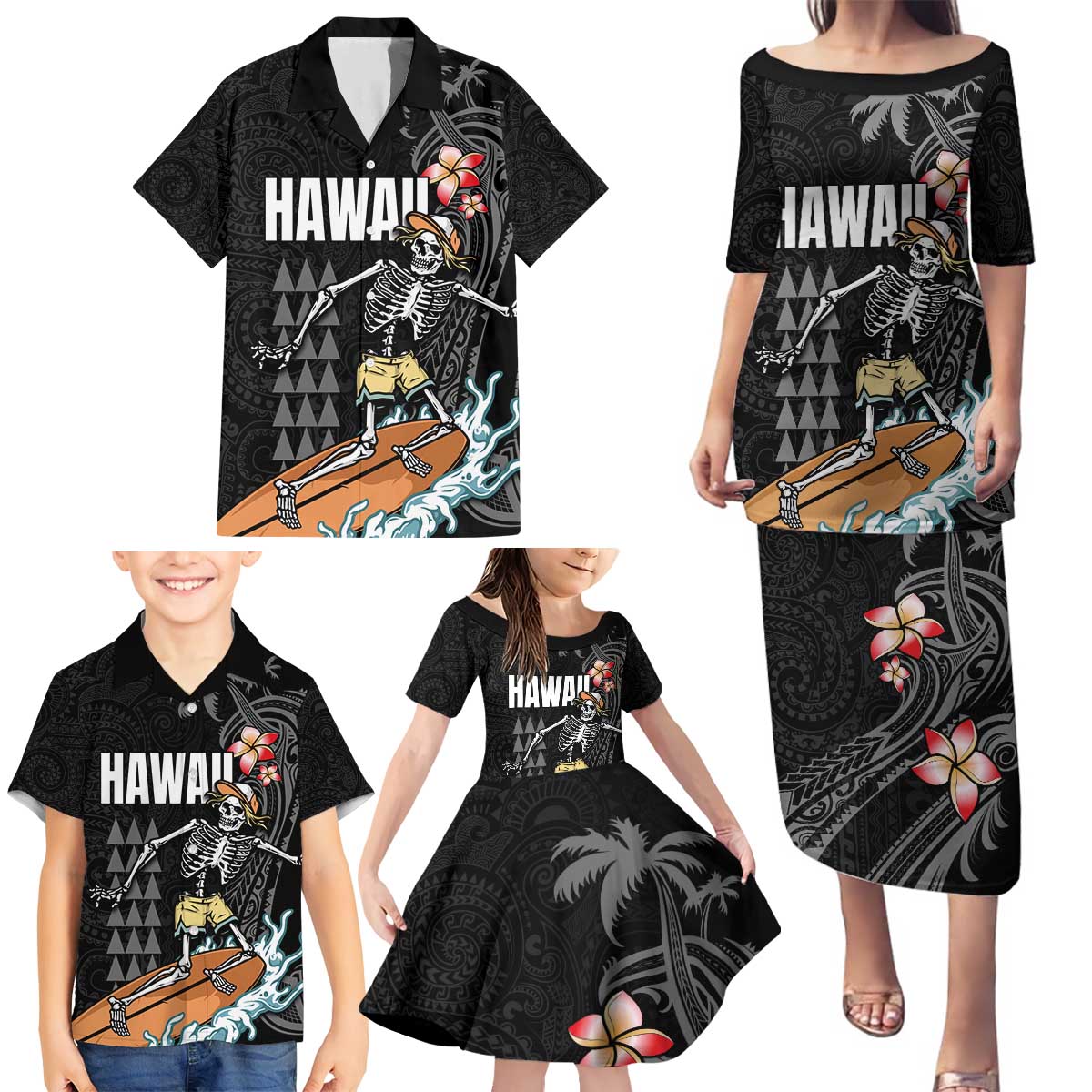 Hawaiian Halloween Skeleton Surfing Family Matching Puletasi and Hawaiian Shirt Polynesian Tribal Tattoo and Hawaiian Pattern LT03 - Polynesian Pride