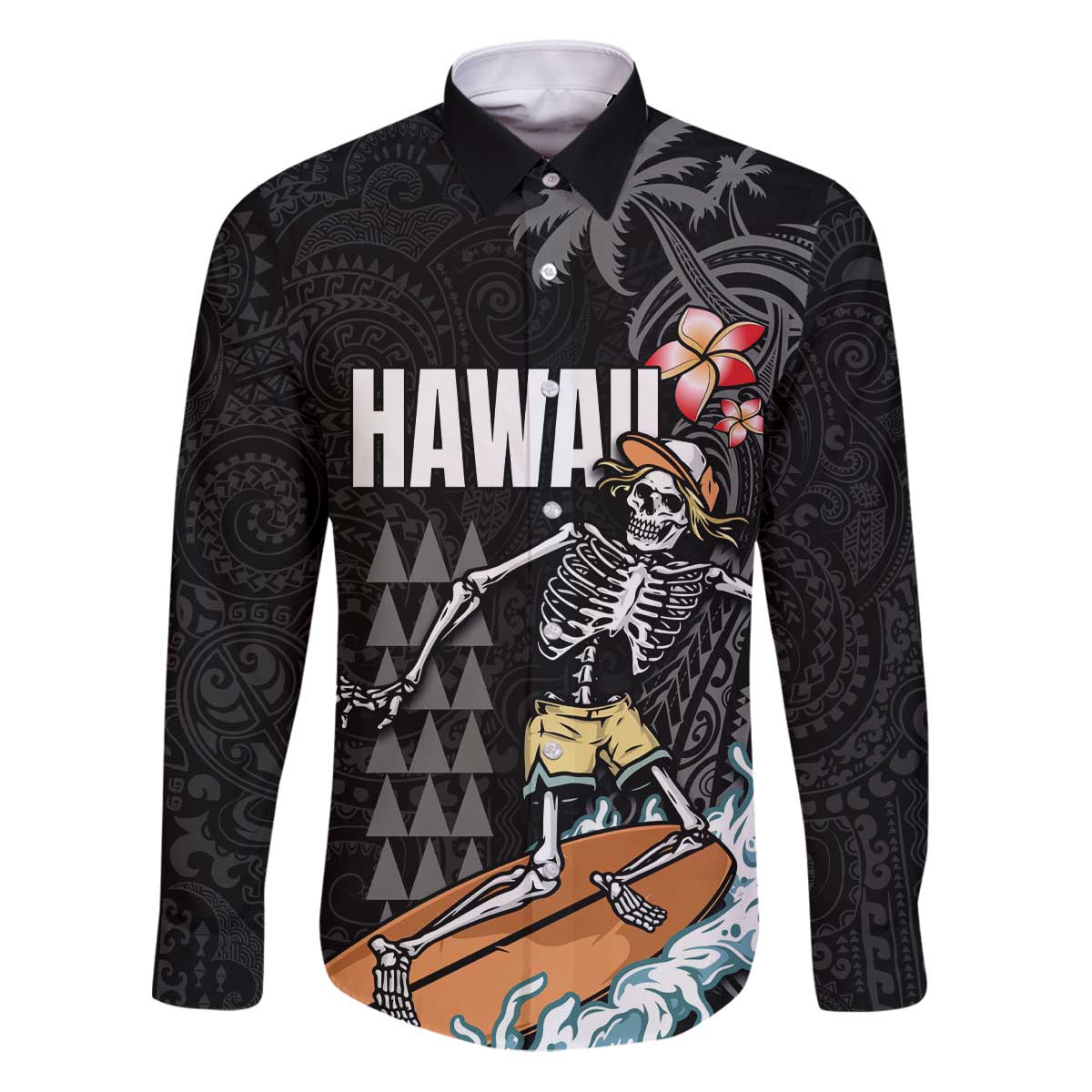 Hawaiian Halloween Skeleton Surfing Family Matching Puletasi and Hawaiian Shirt Polynesian Tribal Tattoo and Hawaiian Pattern LT03 Dad's Shirt - Long Sleeve Black - Polynesian Pride