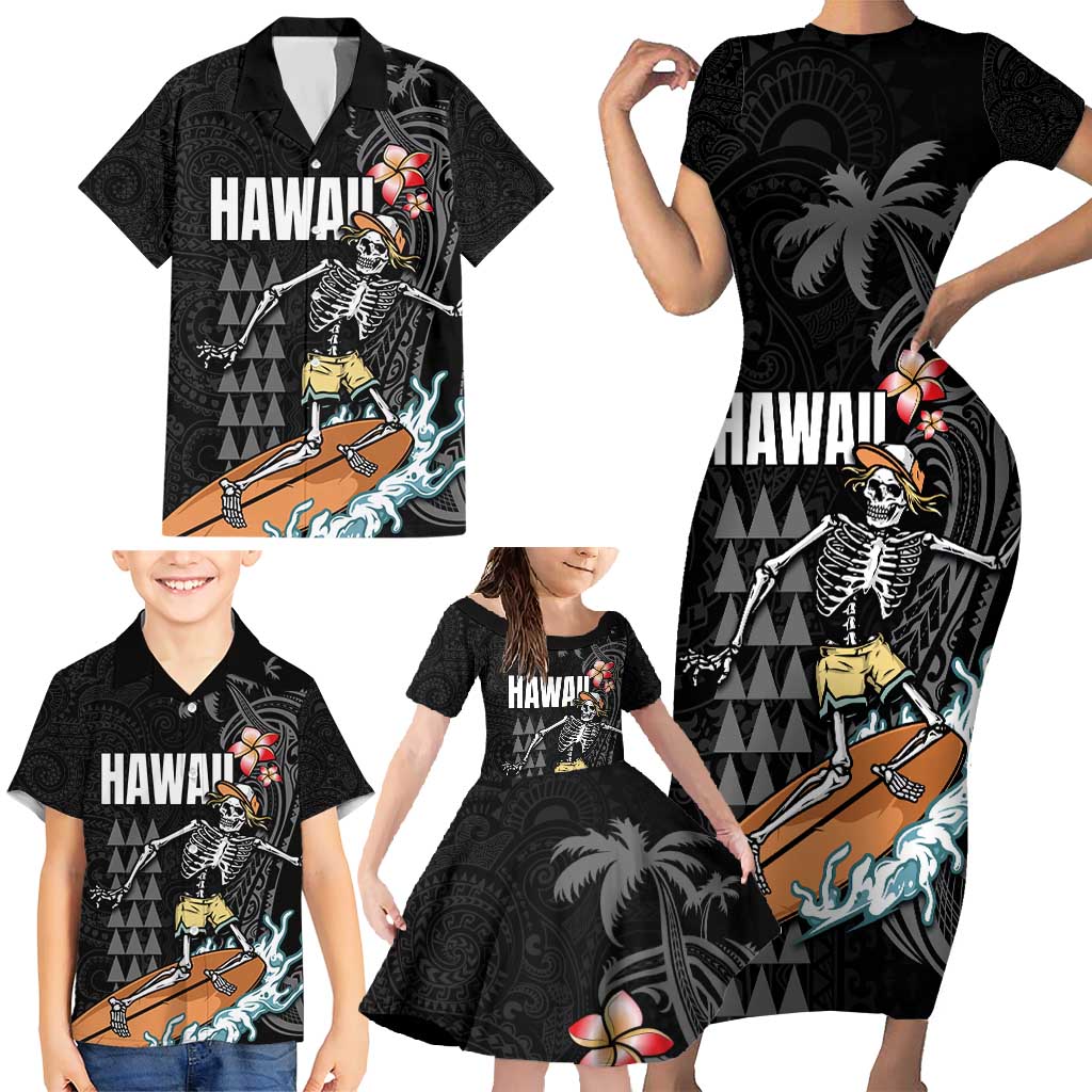 Hawaiian Halloween Skeleton Surfing Family Matching Short Sleeve Bodycon Dress and Hawaiian Shirt Polynesian Tribal Tattoo and Hawaiian Pattern LT03 - Polynesian Pride