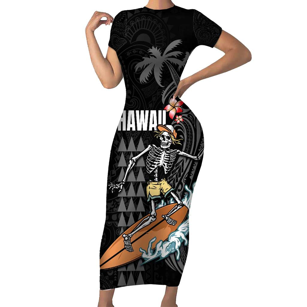 Hawaiian Halloween Skeleton Surfing Family Matching Short Sleeve Bodycon Dress and Hawaiian Shirt Polynesian Tribal Tattoo and Hawaiian Pattern LT03 Mom's Dress Black - Polynesian Pride
