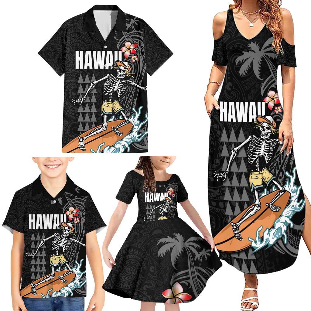 Hawaiian Halloween Skeleton Surfing Family Matching Summer Maxi Dress and Hawaiian Shirt Polynesian Tribal Tattoo and Hawaiian Pattern LT03 - Polynesian Pride