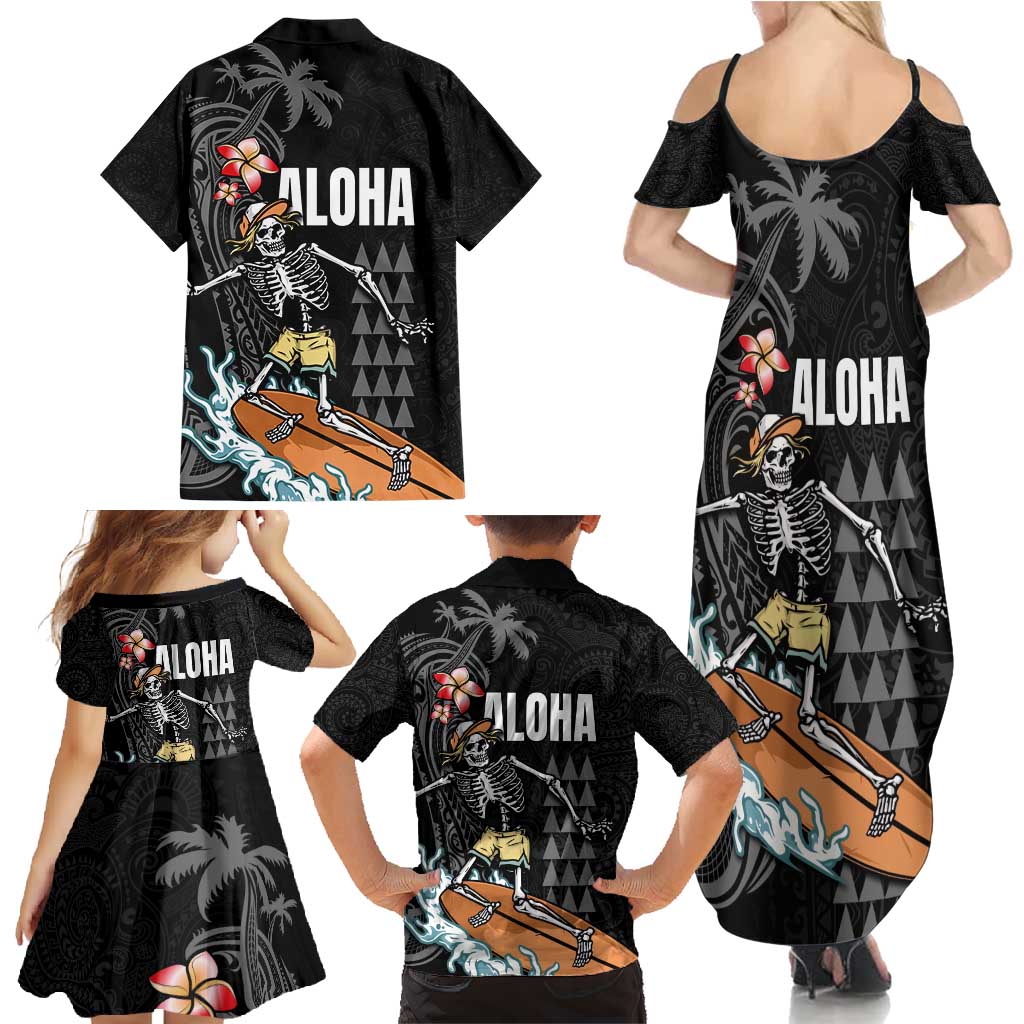 Hawaiian Halloween Skeleton Surfing Family Matching Summer Maxi Dress and Hawaiian Shirt Polynesian Tribal Tattoo and Hawaiian Pattern LT03 - Polynesian Pride