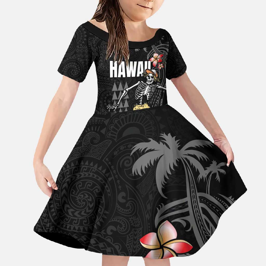 Hawaiian Halloween Skeleton Surfing Family Matching Tank Maxi Dress and Hawaiian Shirt Polynesian Tribal Tattoo and Hawaiian Pattern LT03 Daughter's Dress Black - Polynesian Pride