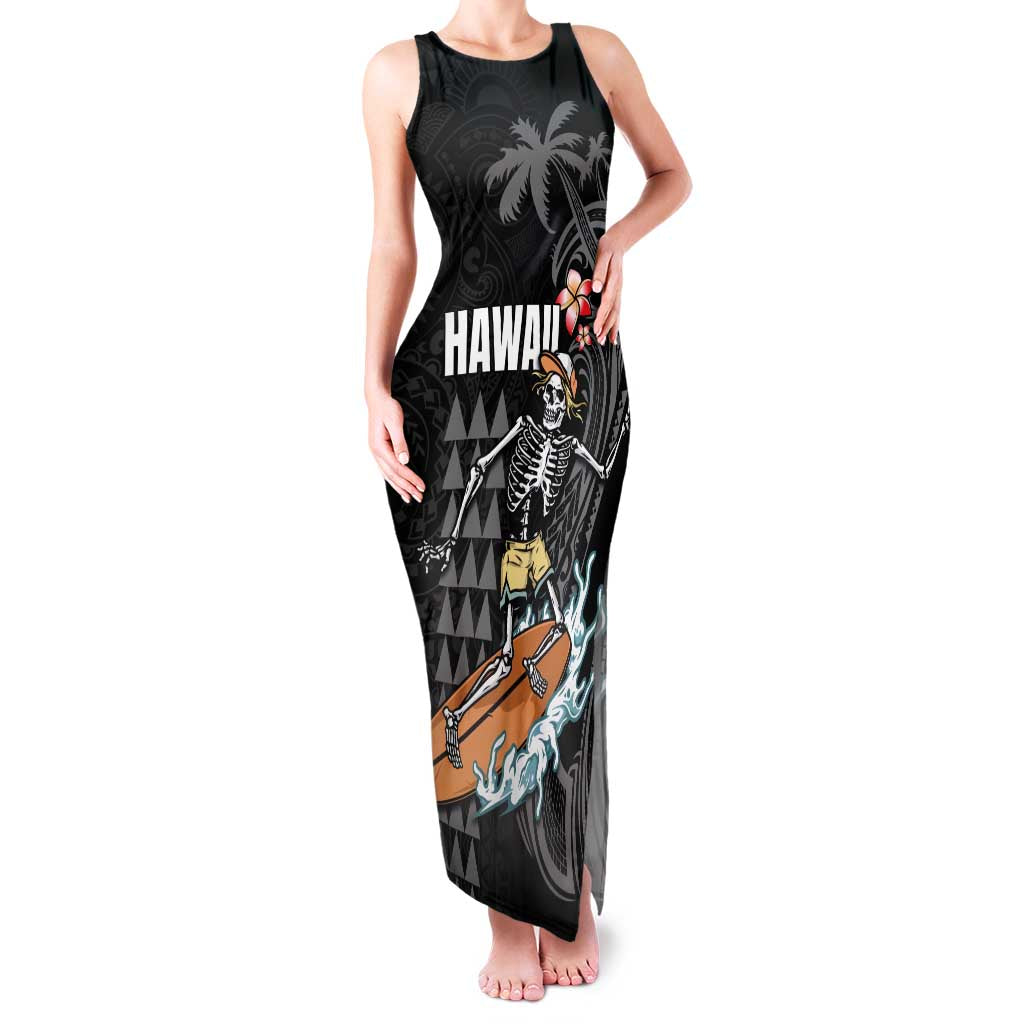 Hawaiian Halloween Skeleton Surfing Family Matching Tank Maxi Dress and Hawaiian Shirt Polynesian Tribal Tattoo and Hawaiian Pattern LT03 Mom's Dress Black - Polynesian Pride
