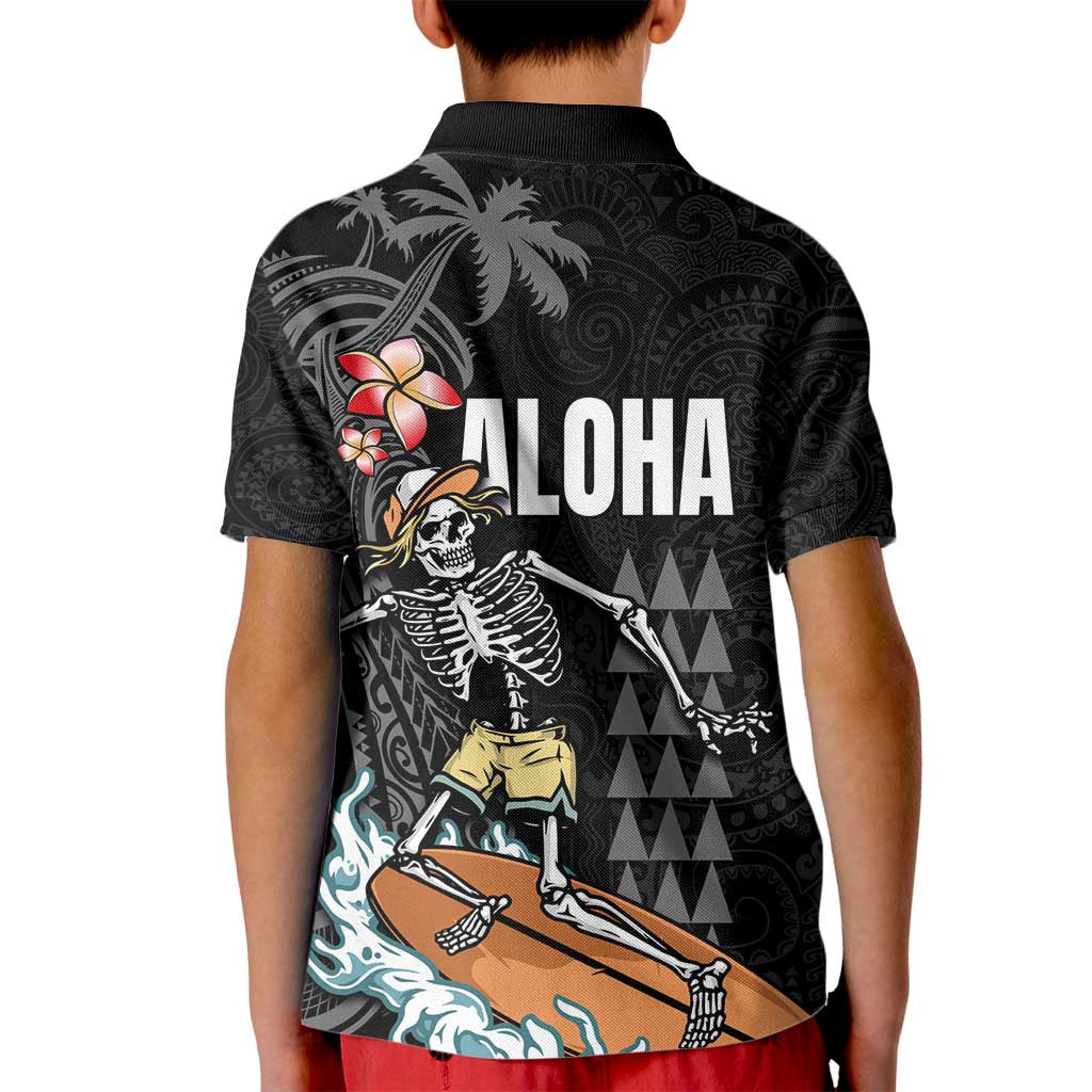 Hawaiian Halloween Skeleton Surfing Kid Polo Shirt Polynesian Tribal Tattoo and Hawaiian Pattern