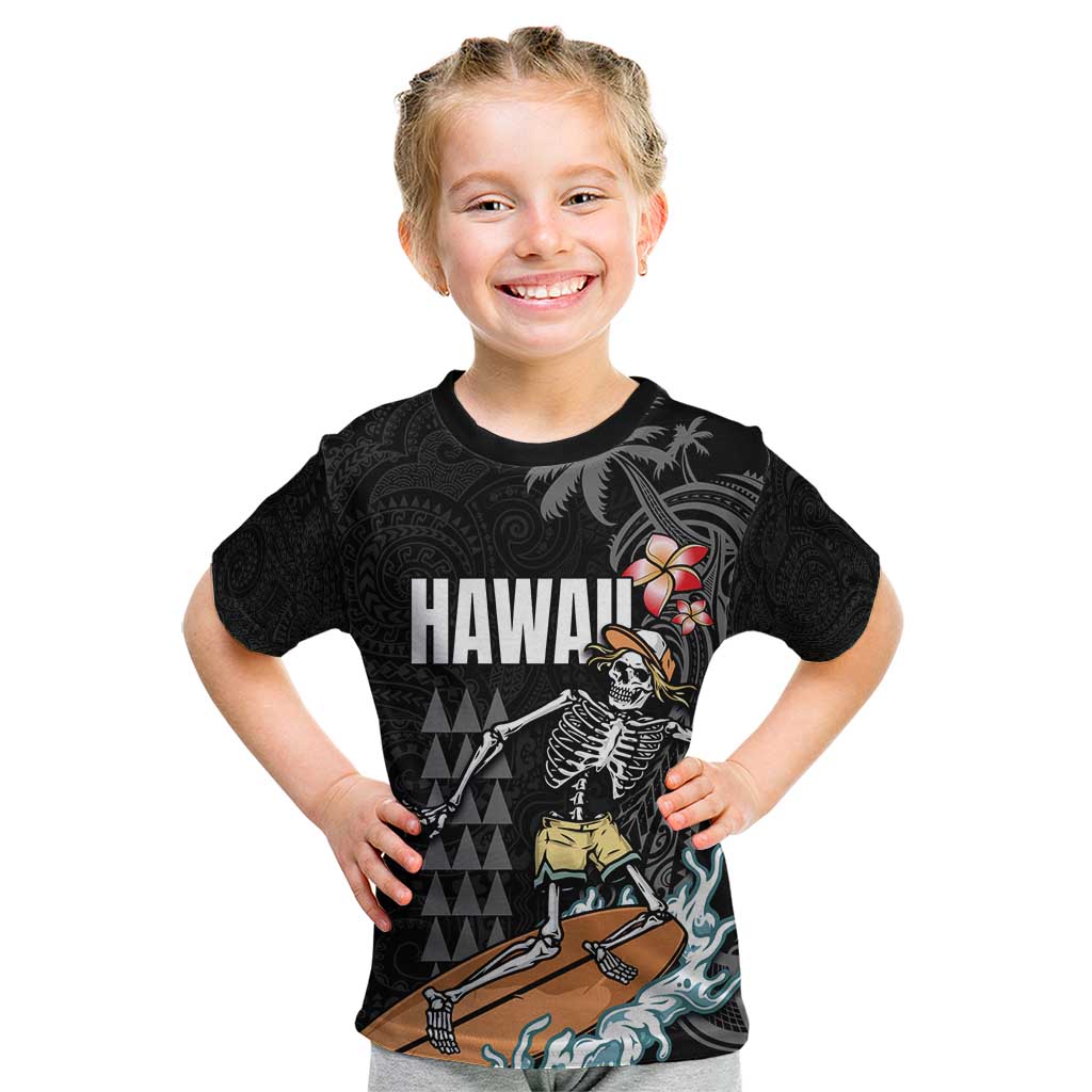 Hawaiian Halloween Skeleton Surfing Kid T Shirt Polynesian Tribal Tattoo and Hawaiian Pattern