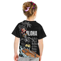 Hawaiian Halloween Skeleton Surfing Kid T Shirt Polynesian Tribal Tattoo and Hawaiian Pattern