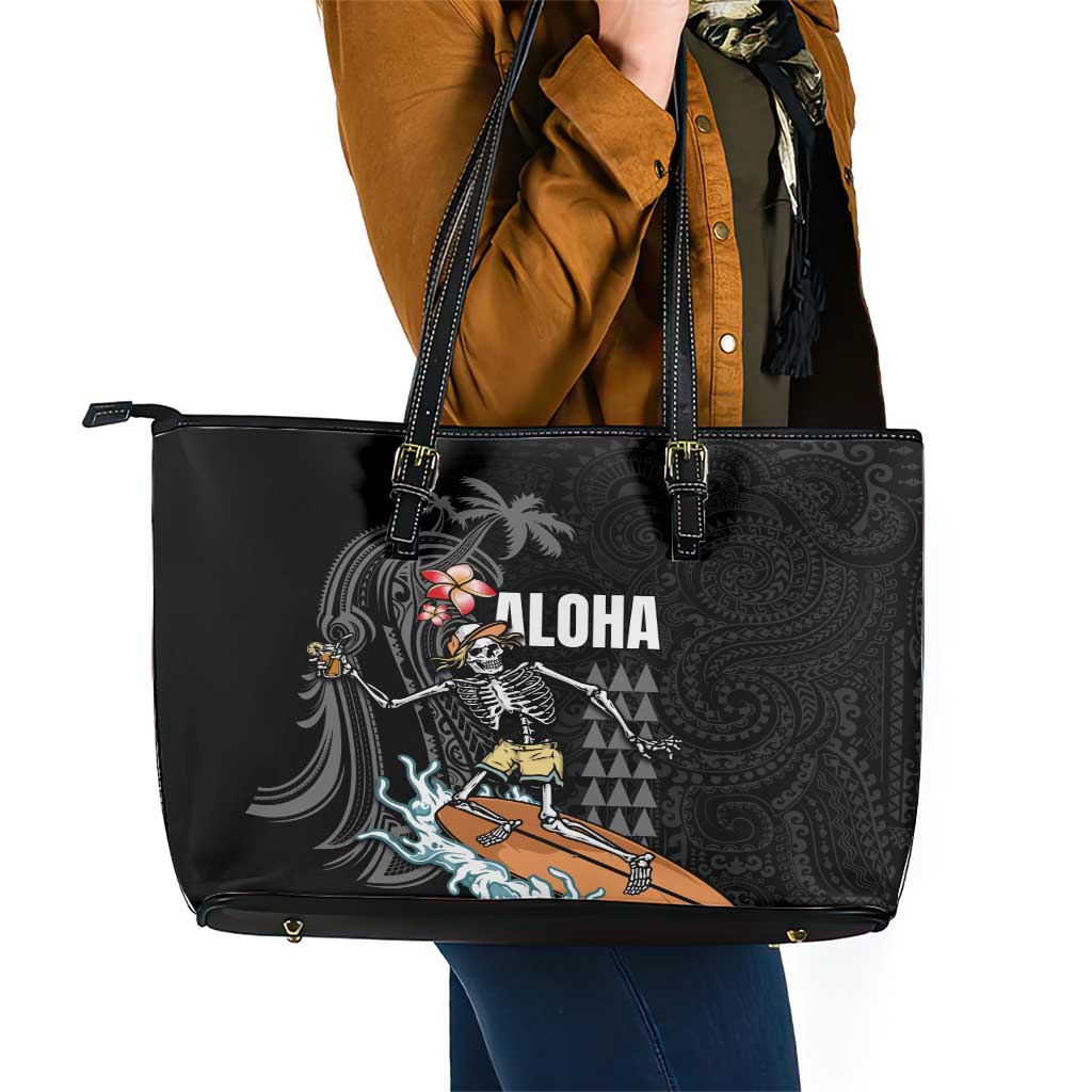 Hawaiian Halloween Skeleton Surfing Leather Tote Bag Polynesian Tribal Tattoo and Hawaiian Pattern