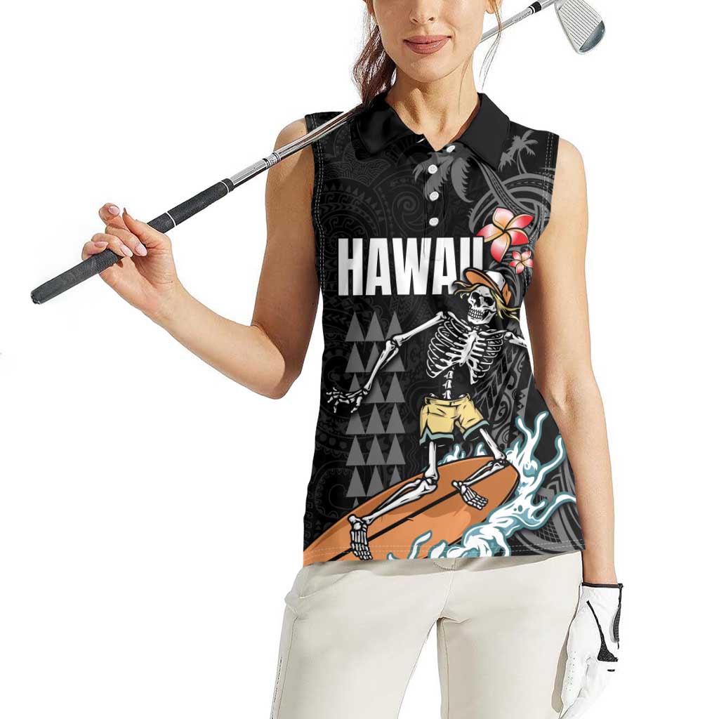 Hawaiian Halloween Skeleton Surfing Women Sleeveless Polo Shirt Polynesian Tribal Tattoo and Hawaiian Pattern
