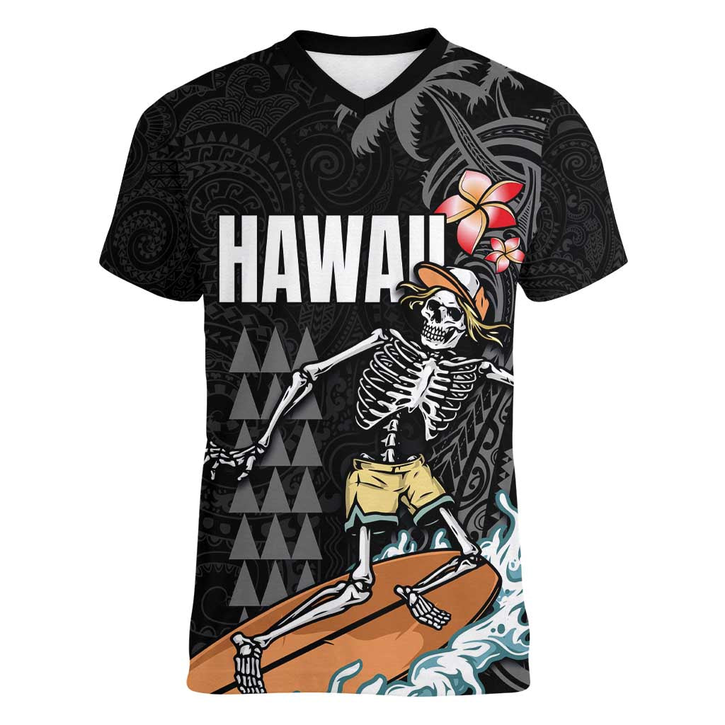 Hawaiian Halloween Skeleton Surfing Women V-Neck T-Shirt Polynesian Tribal Tattoo and Hawaiian Pattern