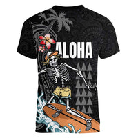 Hawaiian Halloween Skeleton Surfing Women V-Neck T-Shirt Polynesian Tribal Tattoo and Hawaiian Pattern