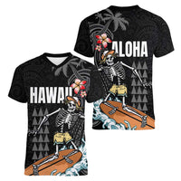 Hawaiian Halloween Skeleton Surfing Women V-Neck T-Shirt Polynesian Tribal Tattoo and Hawaiian Pattern