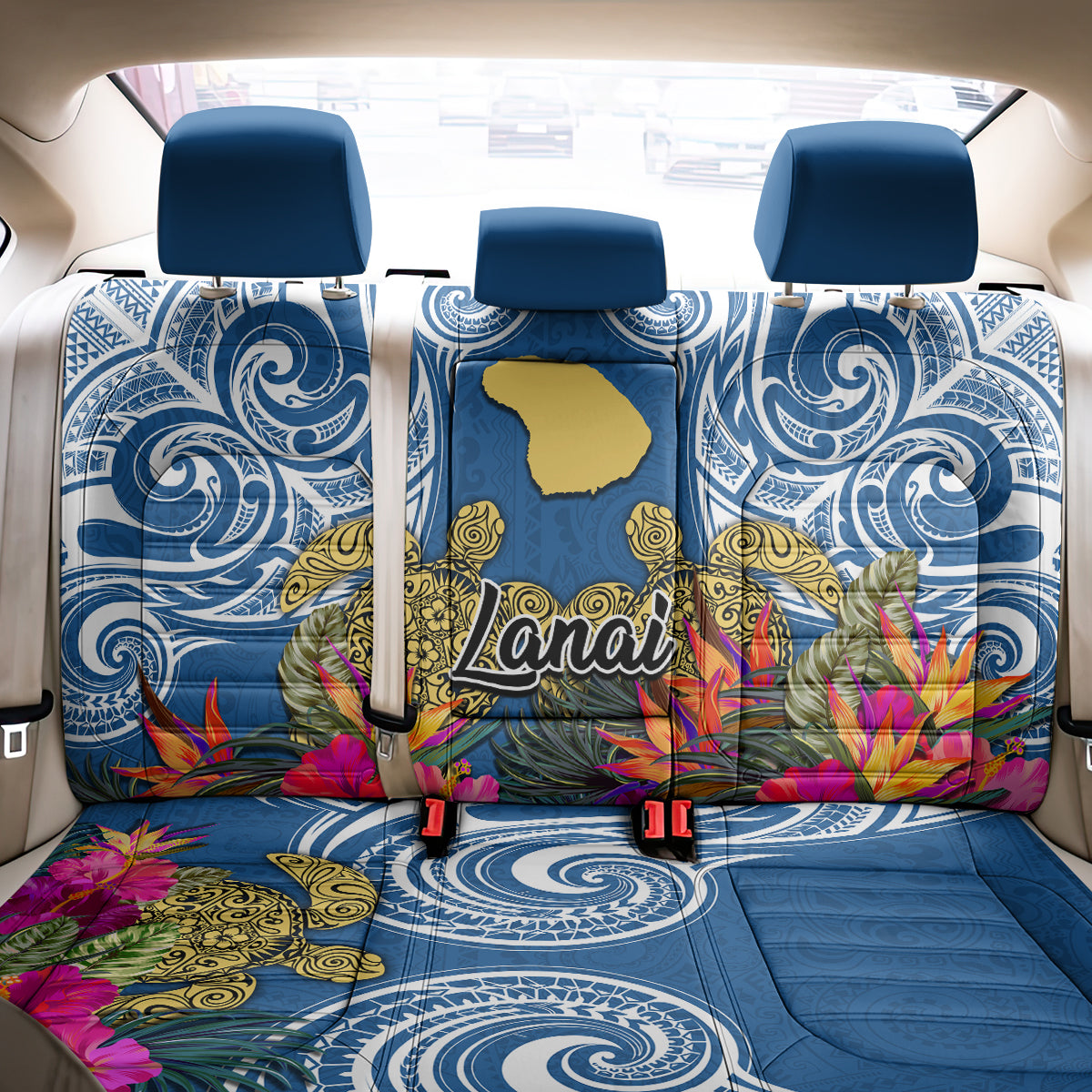 Hawaii Lanai Island Back Car Seat Cover Hibiscus Turle and Map with Polynesian Spiral LT03 - Polynesian Pride