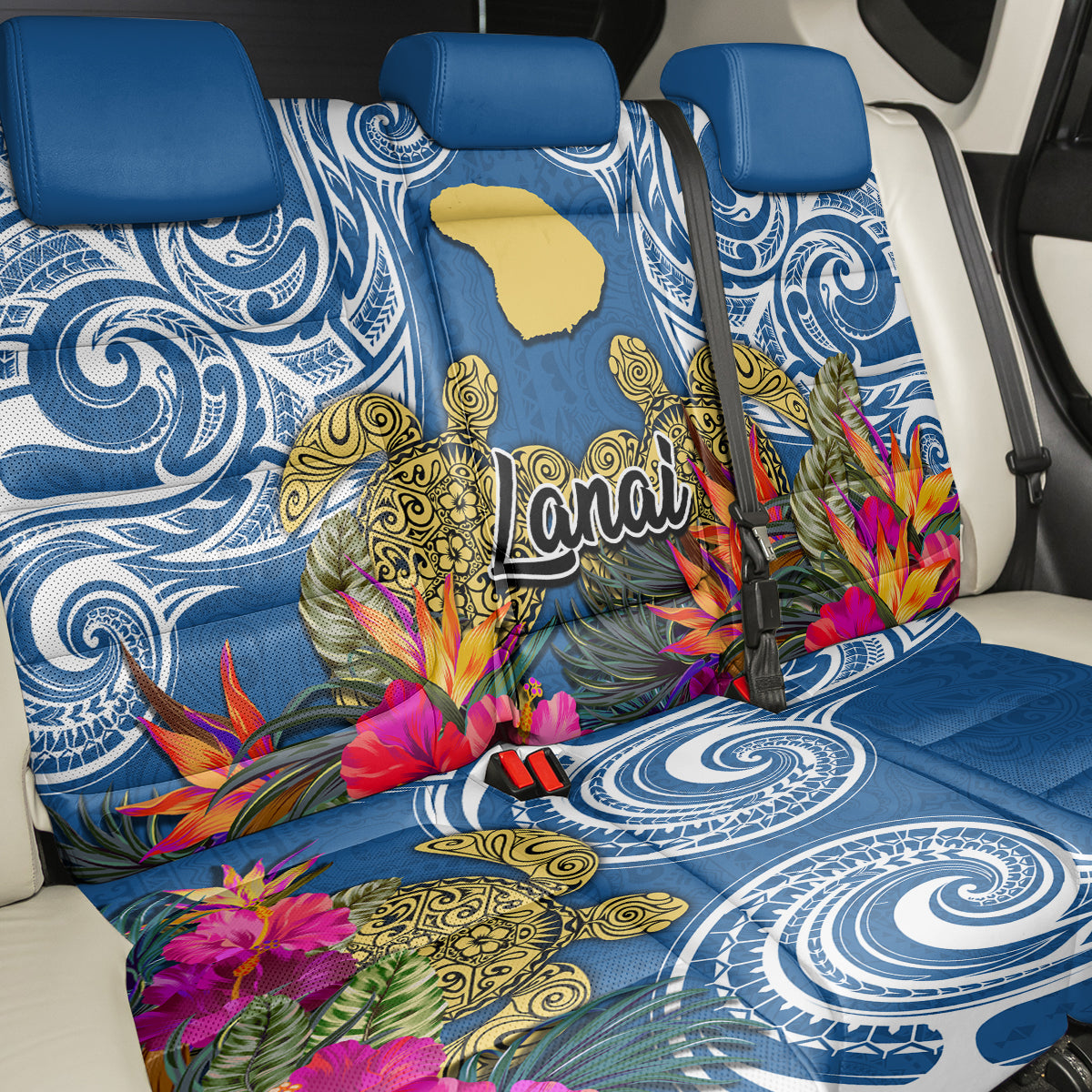 Hawaii Lanai Island Back Car Seat Cover Hibiscus Turle and Map with Polynesian Spiral LT03 - Polynesian Pride