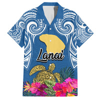 Hawaii Lanai Island Family Matching Puletasi Dress and Hawaiian Shirt Hibiscus Turle and Map with Polynesian Spiral LT03 Dad's Shirt - Short Sleeve Blue - Polynesian Pride