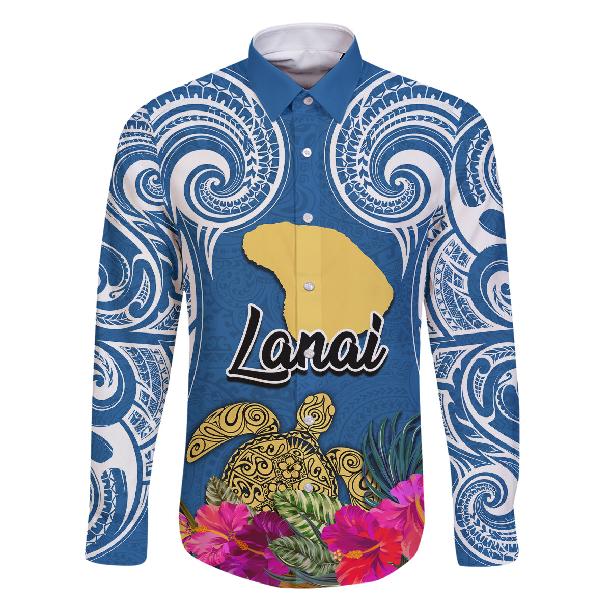 Hawaii Lanai Island Long Sleeve Button Shirt Hibiscus Turle and Map with Polynesian Spiral LT03 Unisex Blue - Polynesian Pride