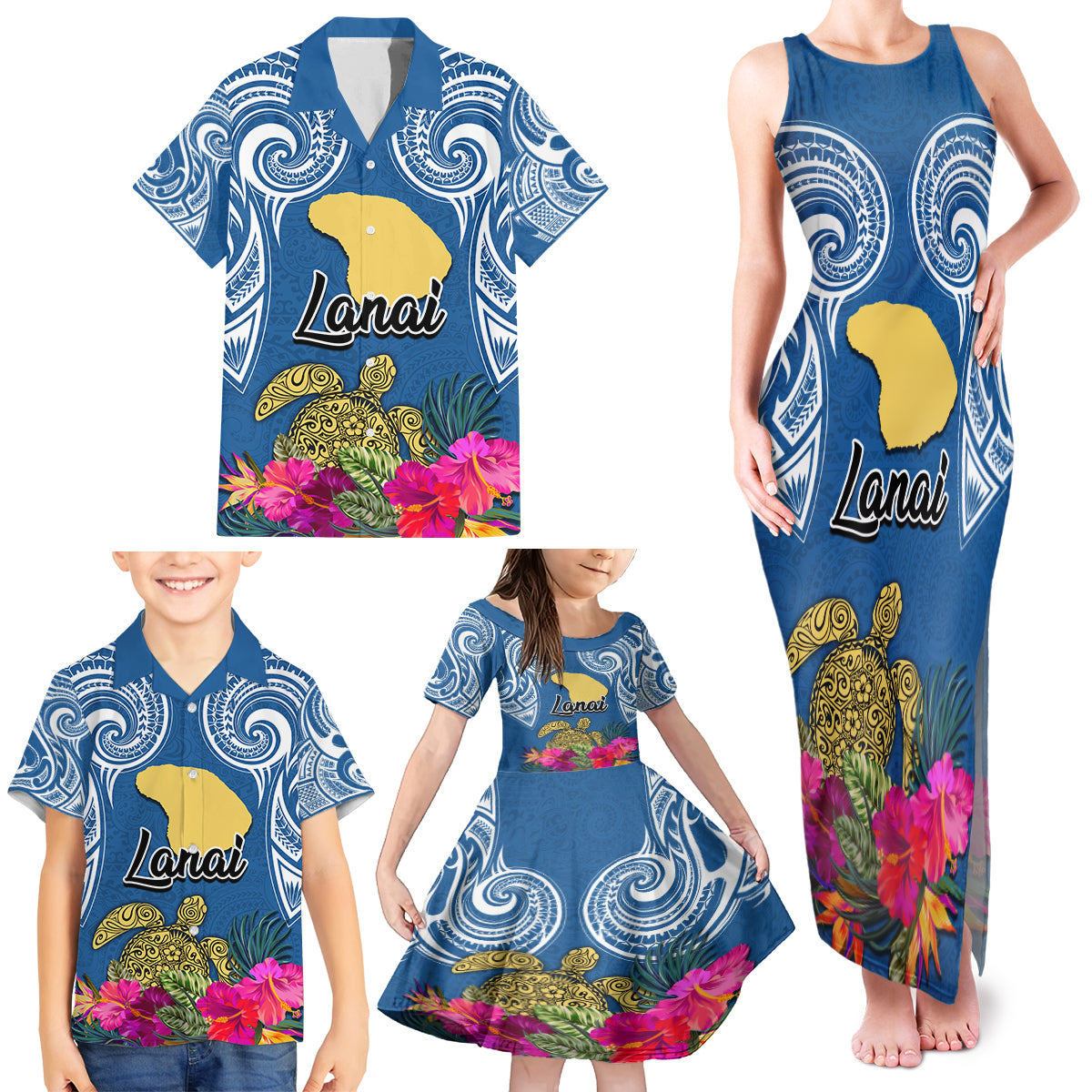 Hawaii Lanai Island Family Matching Tank Maxi Dress and Hawaiian Shirt Hibiscus Turle and Map with Polynesian Spiral LT03 - Polynesian Pride