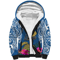Hawaii Lanai Island Sherpa Hoodie Hibiscus Turle and Map with Polynesian Spiral LT03 Unisex Blue - Polynesian Pride