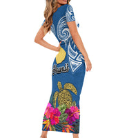 Hawaii Lanai Island Short Sleeve Bodycon Dress Hibiscus Turle and Map with Polynesian Spiral LT03 - Polynesian Pride