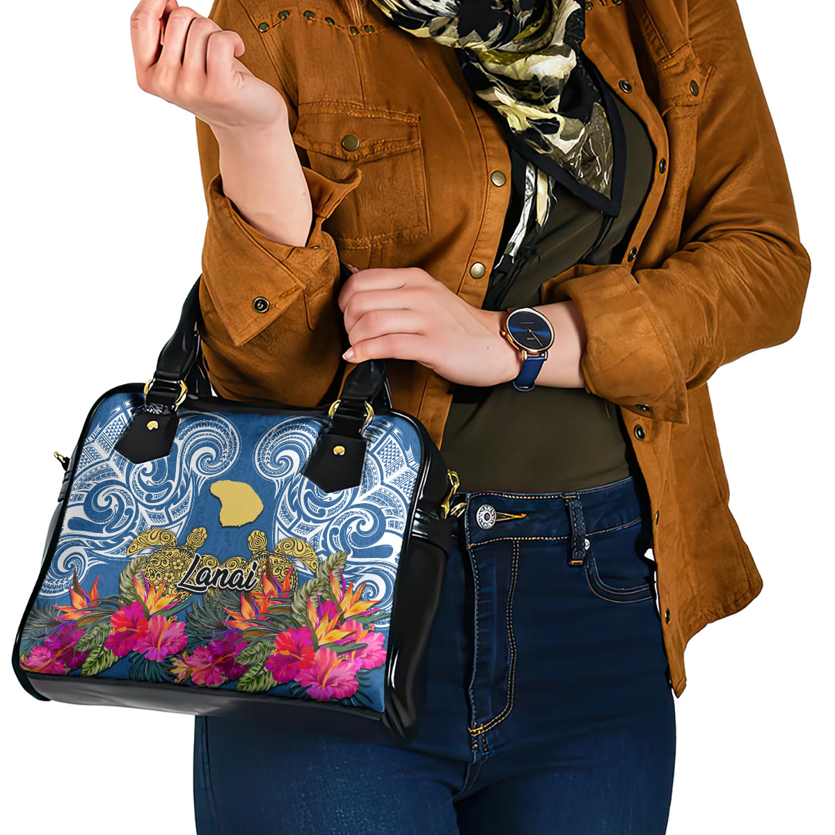 Hawaii Lanai Island Shoulder Handbag Hibiscus Turle and Map with Polynesian Spiral LT03 - Polynesian Pride