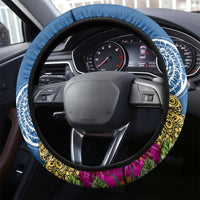 Hawaii Lanai Island Steering Wheel Cover Hibiscus Turle and Map with Polynesian Spiral