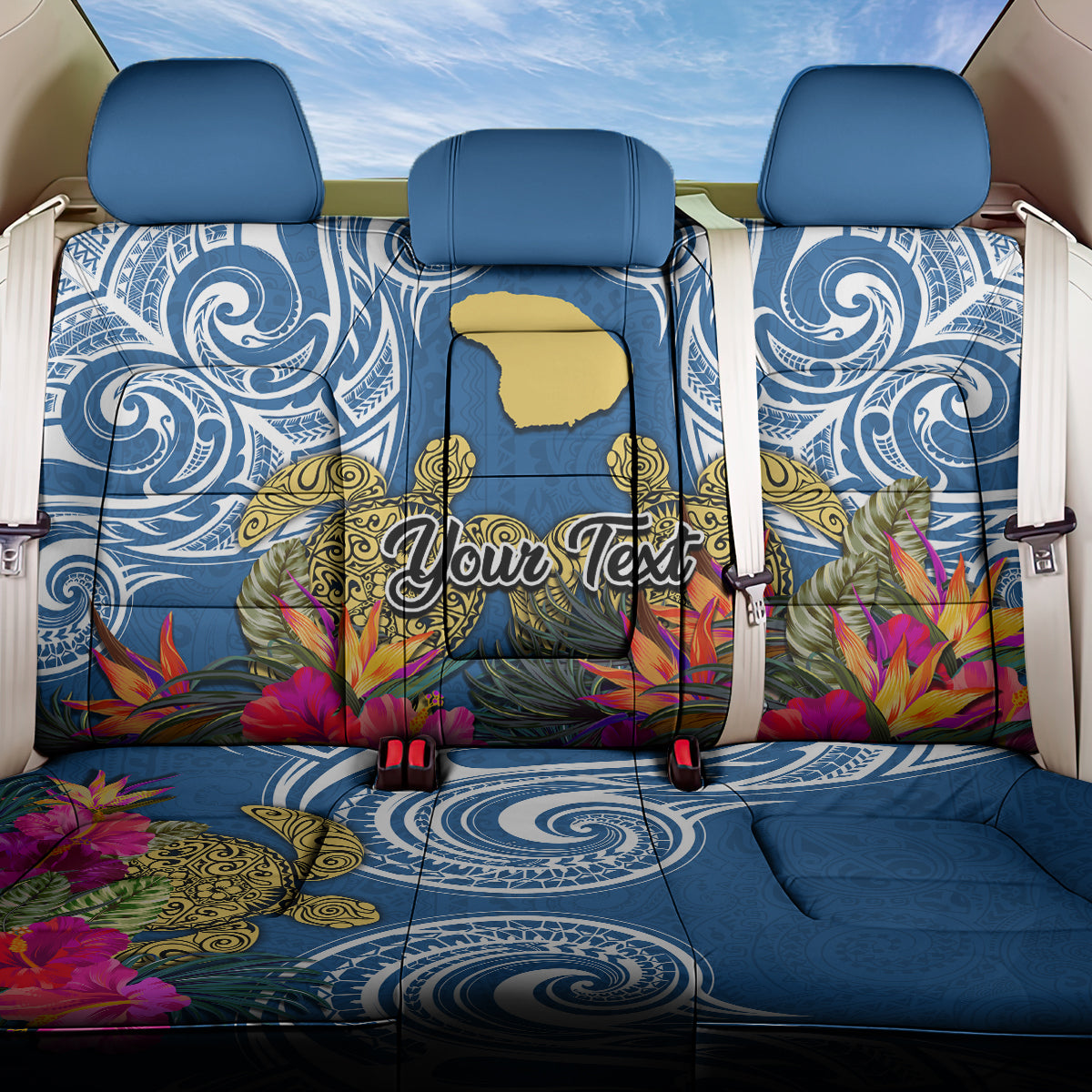 Custom Hawaii Lanai Island Back Car Seat Cover Hibiscus Turle and Map with Polynesian Spiral LT03 One Size Blue - Polynesian Pride