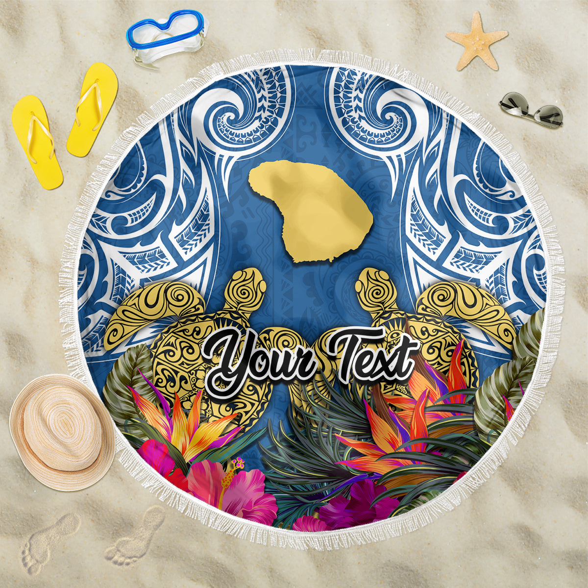 Custom Hawaii Lanai Island Beach Blanket Hibiscus Turle and Map with Polynesian Spiral LT03 One Size 150cm Blue - Wonder Print Shop