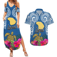 Custom Hawaii Lanai Island Couples Matching Summer Maxi Dress and Hawaiian Shirt Hibiscus Turle and Map with Polynesian Spiral LT03 Blue - Polynesian Pride