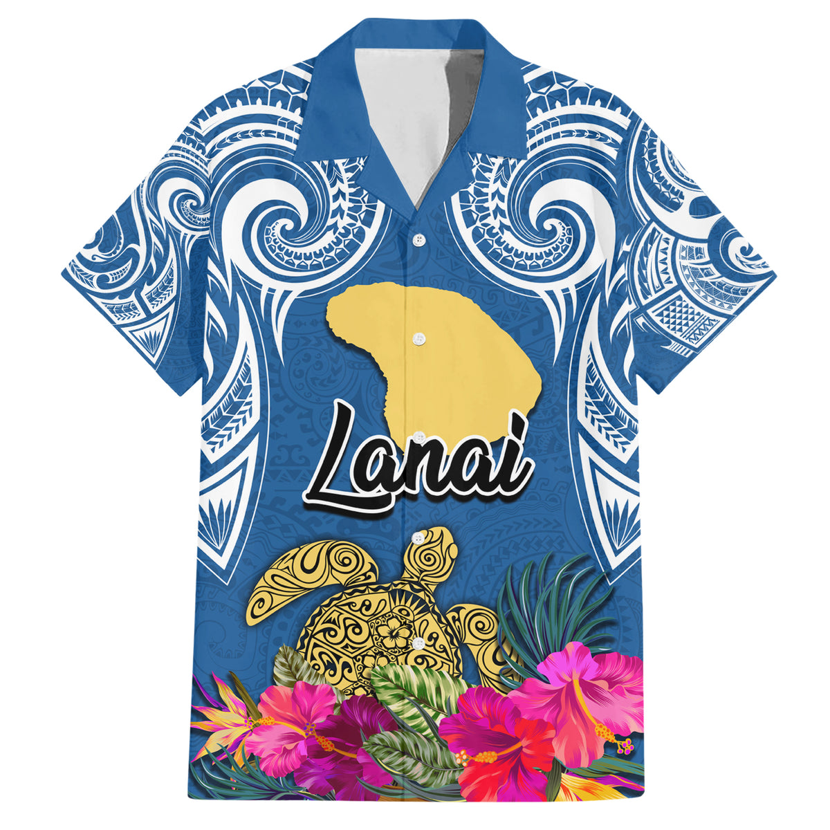 Custom Hawaii Lanai Island Family Matching Short Sleeve Bodycon Dress and Hawaiian Shirt Hibiscus Turle and Map with Polynesian Spiral LT03 Dad's Shirt - Short Sleeve Blue - Polynesian Pride