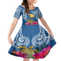 Custom Hawaii Lanai Island Kid Short Sleeve Dress Hibiscus Turle and Map with Polynesian Spiral LT03 KID Blue - Polynesian Pride