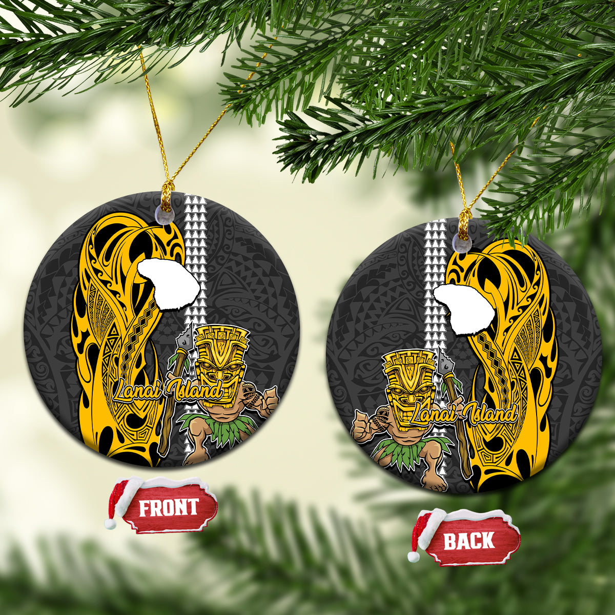 Hawaii Lanai Island Ceramic Ornament Hawaiian Warrior and Kakau Symbols Abstract Tattoo LT03 Yellow - Polynesian Pride