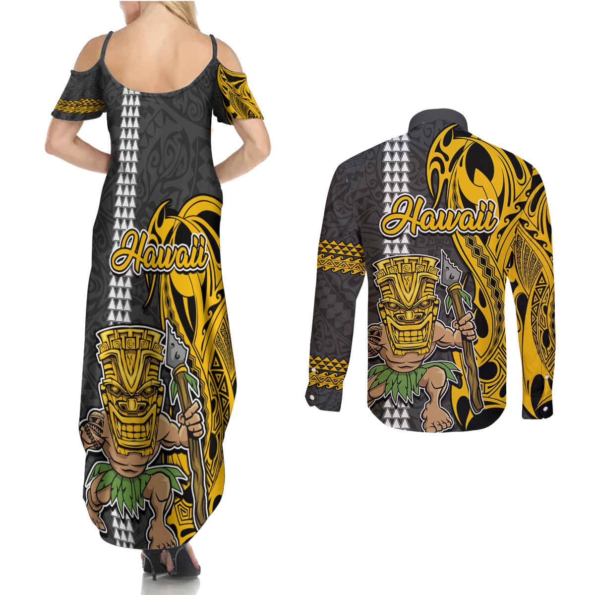 Hawaii Lanai Island Couples Matching Summer Maxi Dress and Long Sleeve Button Shirts Hawaiian Warrior and Kakau Symbols Abstract Tattoo LT03 - Polynesian Pride