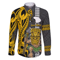 Hawaii Lanai Island Family Matching Puletasi Dress and Hawaiian Shirt Hawaiian Warrior and Kakau Symbols Abstract Tattoo LT03 Dad's Shirt - Long Sleeve Yellow - Polynesian Pride