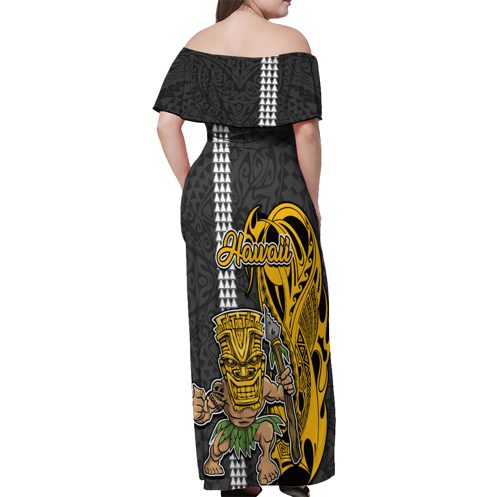 Hawaii Lanai Island Off Shoulder Maxi Dress Hawaiian Warrior and Kakau Symbols Abstract Tattoo LT03 - Polynesian Pride