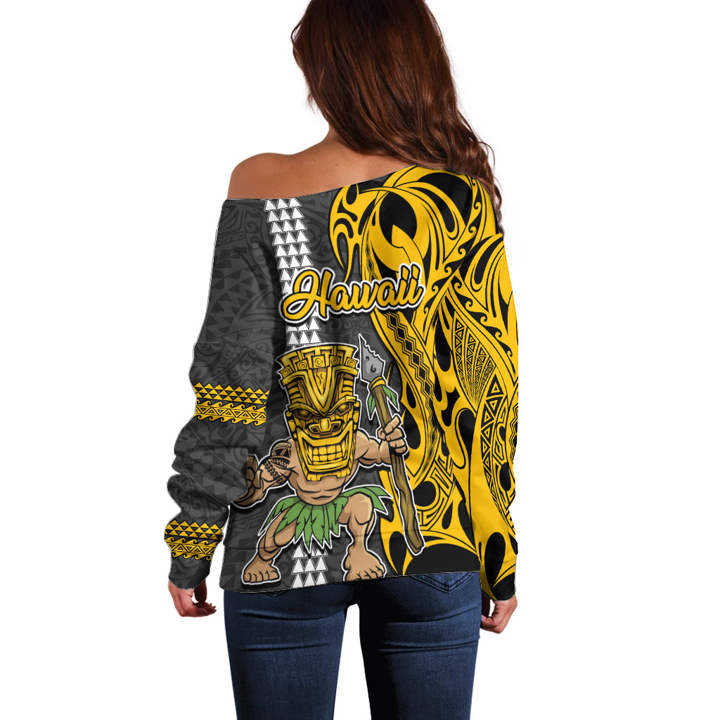 Hawaii Lanai Island Off Shoulder Sweater Hawaiian Warrior and Kakau Symbols Abstract Tattoo LT03 - Polynesian Pride