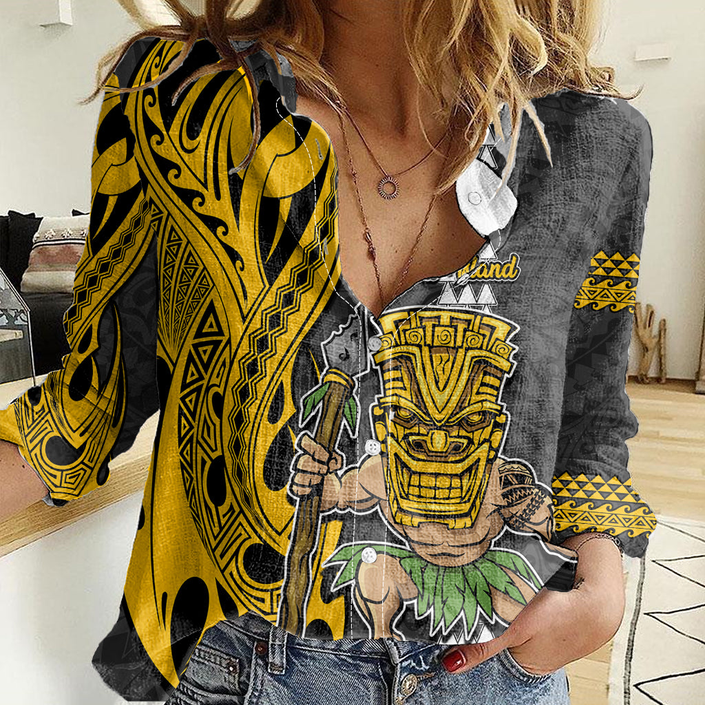 Hawaii Lanai Island Women Casual Shirt Hawaiian Warrior and Kakau Symbols Abstract Tattoo LT03 Female Yellow - Polynesian Pride