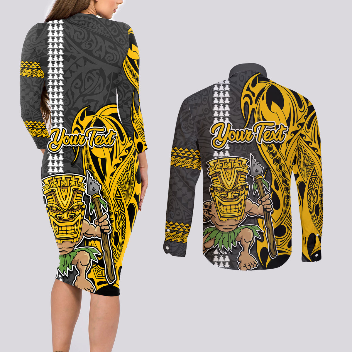 Custom Hawaii Lanai Island Couples Matching Long Sleeve Bodycon Dress and Long Sleeve Button Shirts Hawaiian Warrior and Kakau Symbols Abstract Tattoo LT03 - Polynesian Pride