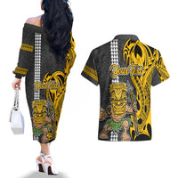Custom Hawaii Lanai Island Couples Matching Off The Shoulder Long Sleeve Dress and Hawaiian Shirt Hawaiian Warrior and Kakau Symbols Abstract Tattoo LT03 - Polynesian Pride