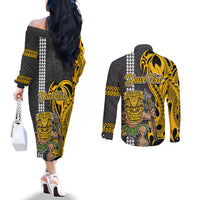 Custom Hawaii Lanai Island Couples Matching Off The Shoulder Long Sleeve Dress and Long Sleeve Button Shirts Hawaiian Warrior and Kakau Symbols Abstract Tattoo LT03 - Polynesian Pride