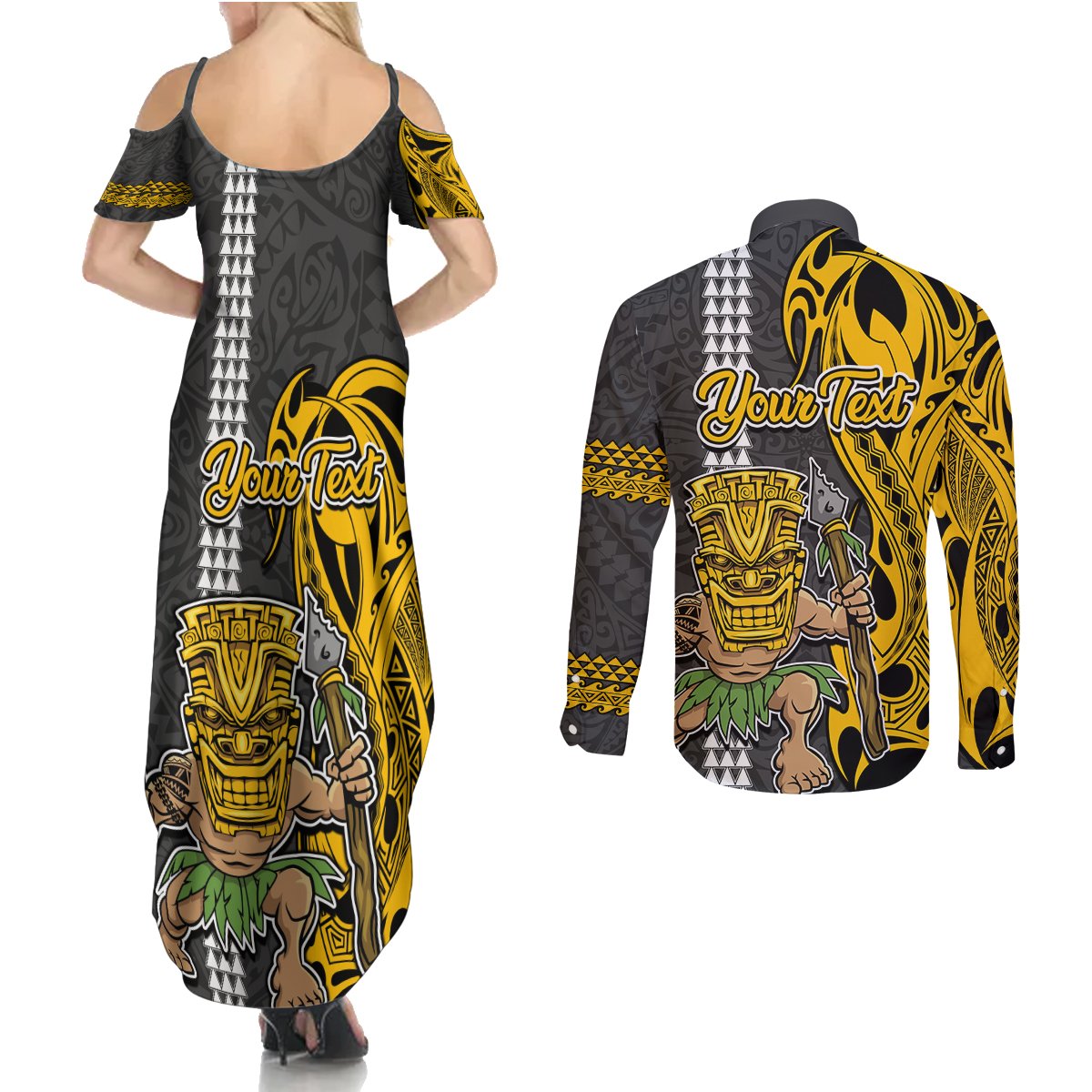 Custom Hawaii Lanai Island Couples Matching Summer Maxi Dress and Long Sleeve Button Shirts Hawaiian Warrior and Kakau Symbols Abstract Tattoo LT03 - Polynesian Pride