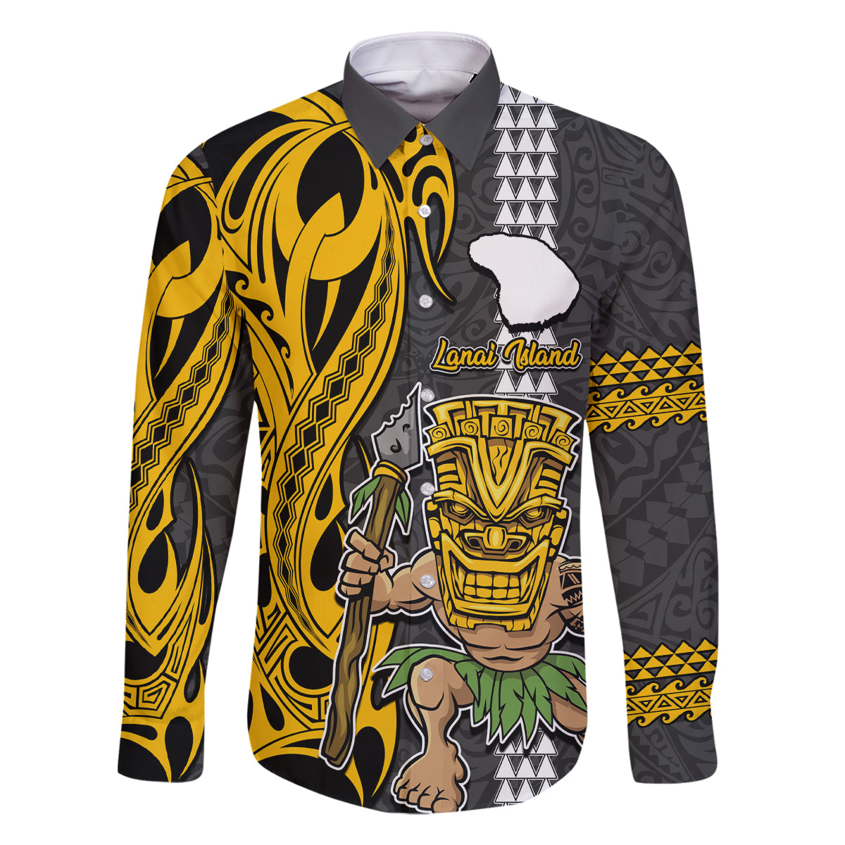 Custom Hawaii Lanai Island Family Matching Tank Maxi Dress and Hawaiian Shirt Hawaiian Warrior and Kakau Symbols Abstract Tattoo LT03 Dad's Shirt - Long Sleeve Yellow - Polynesian Pride